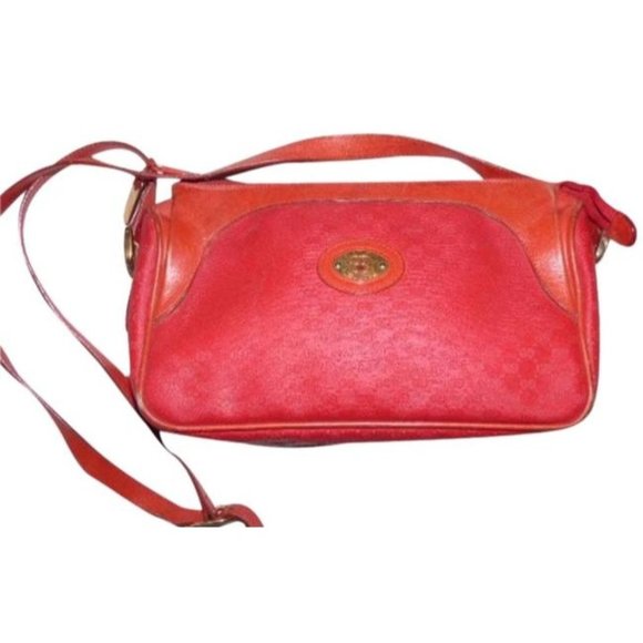 Gucci Vintage Red Leather Shoulder Bag Small G Logo Coated Canvas Print - Picture 1 of 5